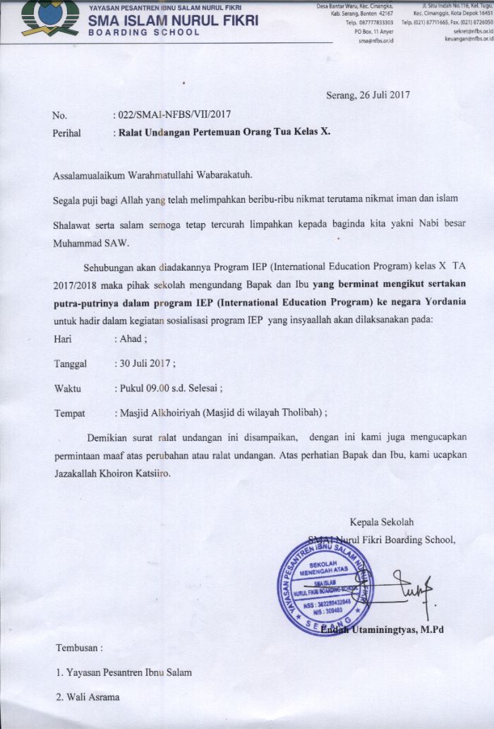 Surat Undangan untuk Santri Kelas 10 SMA Islam NFBS (Sosialisasi Keberangkatan International Education Program)